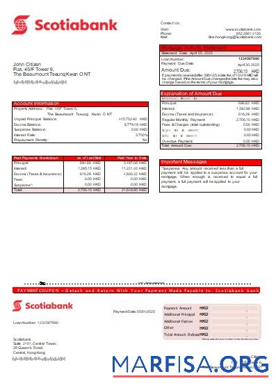 Downloadable Hong Kong Scotiabank bank mortgage statement scr sample